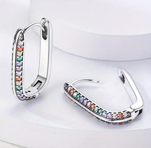Micro Pave Multicolor Sterling Silver U-Shape Cubic Zirconia Women Hoop Earrings